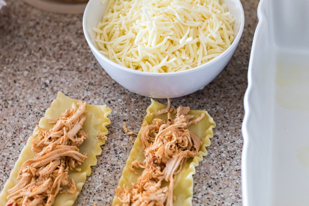 shredded chicken on lasagna noodles