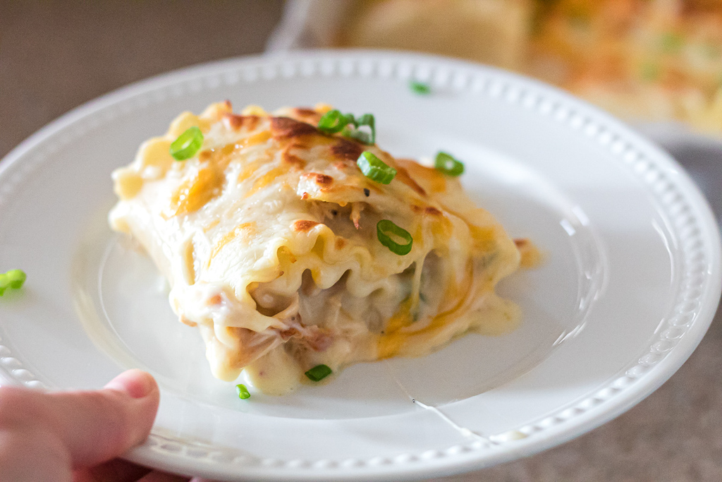 holding chicken roll up on white plate 