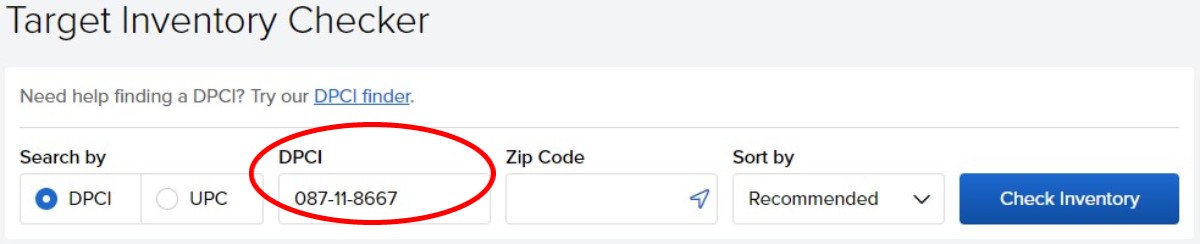 DPCI entry on Target Brickseek Inventory Checker