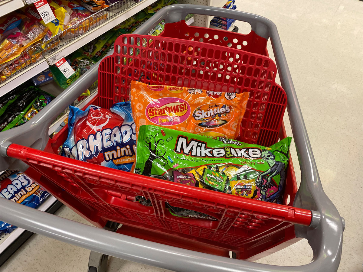 target cart full of halloween trick or treating candy