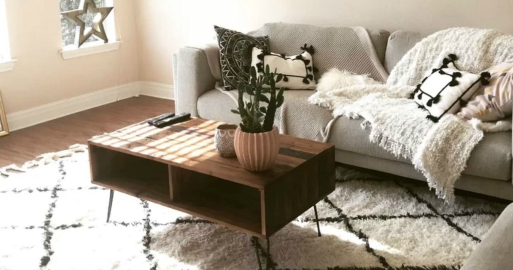 room with couch, coffee table and rug