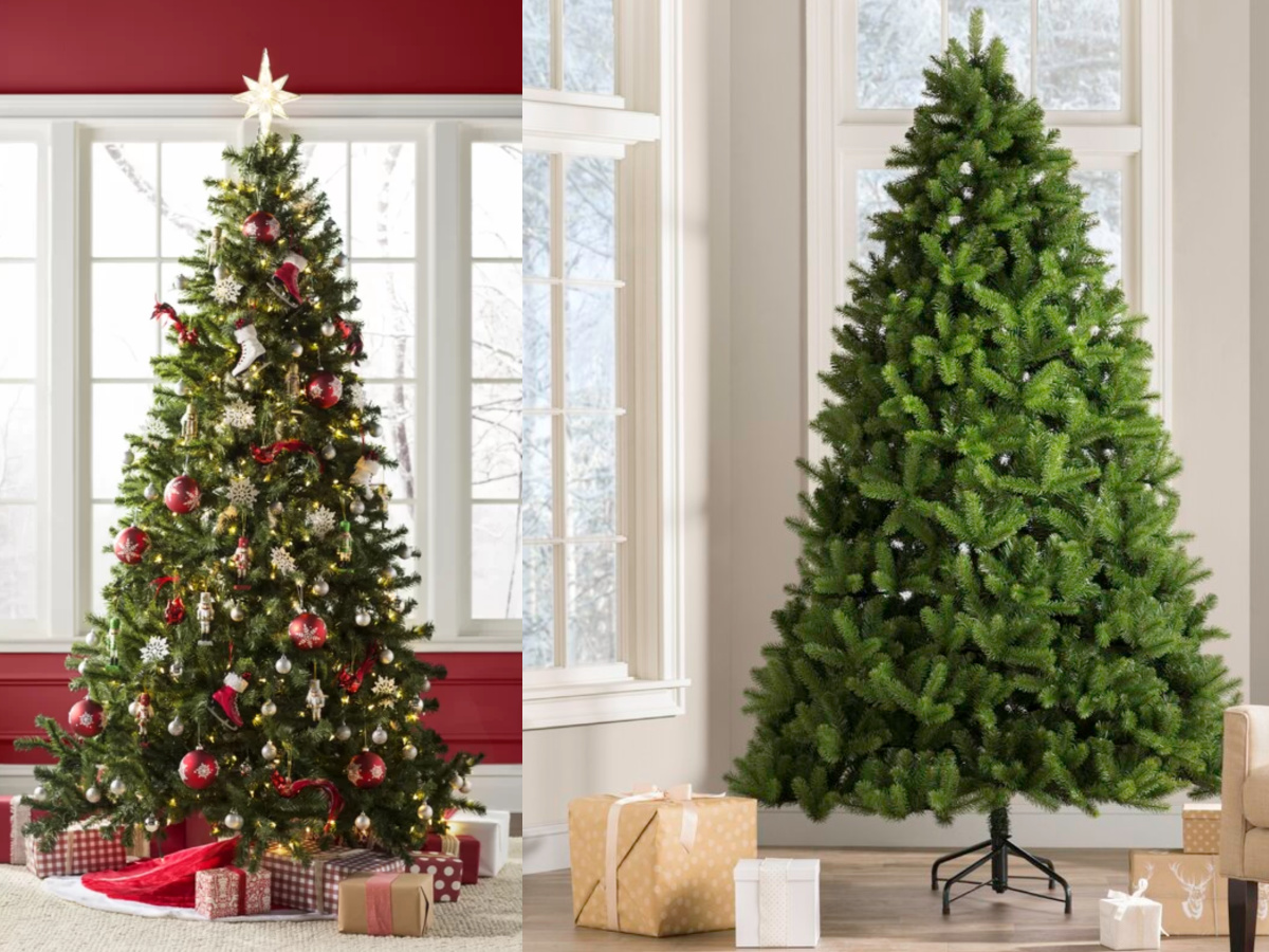 two christmas trees in living rooms with gifts under them