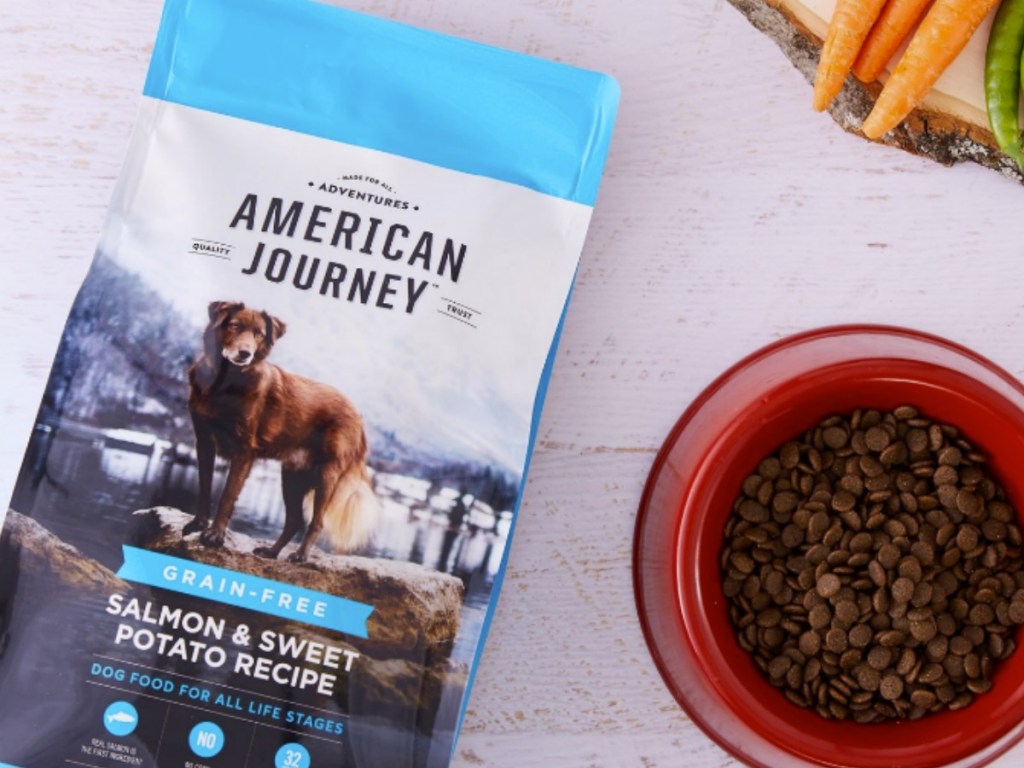 Bag of grain free dog food on counter top