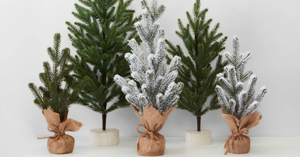 Burlap-Wrapped Flocked Christmas Trees 