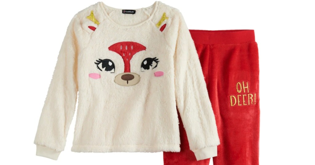 Cuddl Duds girls pajamas with deer decal on front and "oh deer" decal on the pants