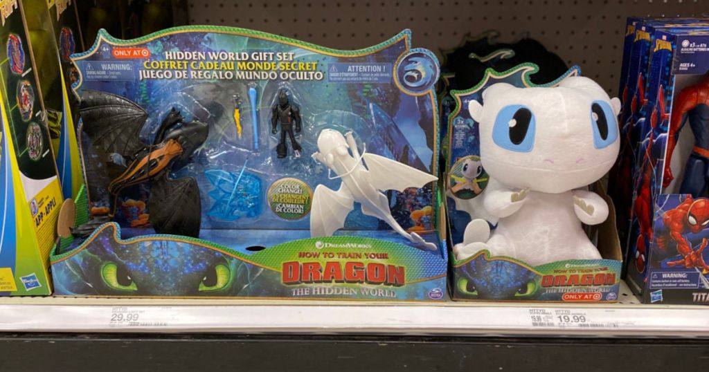 Dragons Hidden World Gift Set and LightFury Plush on shelf at target