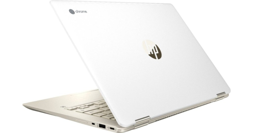 white onlineputer with hp and chrome logo on front