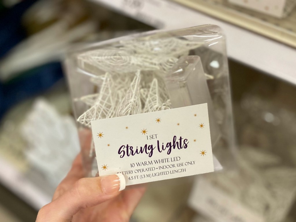 Hand holding a package of LED string lights at Dollar Tree