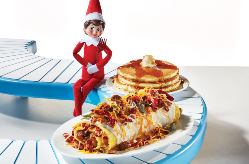 Elf on the Shelf with an omelette and pancakes