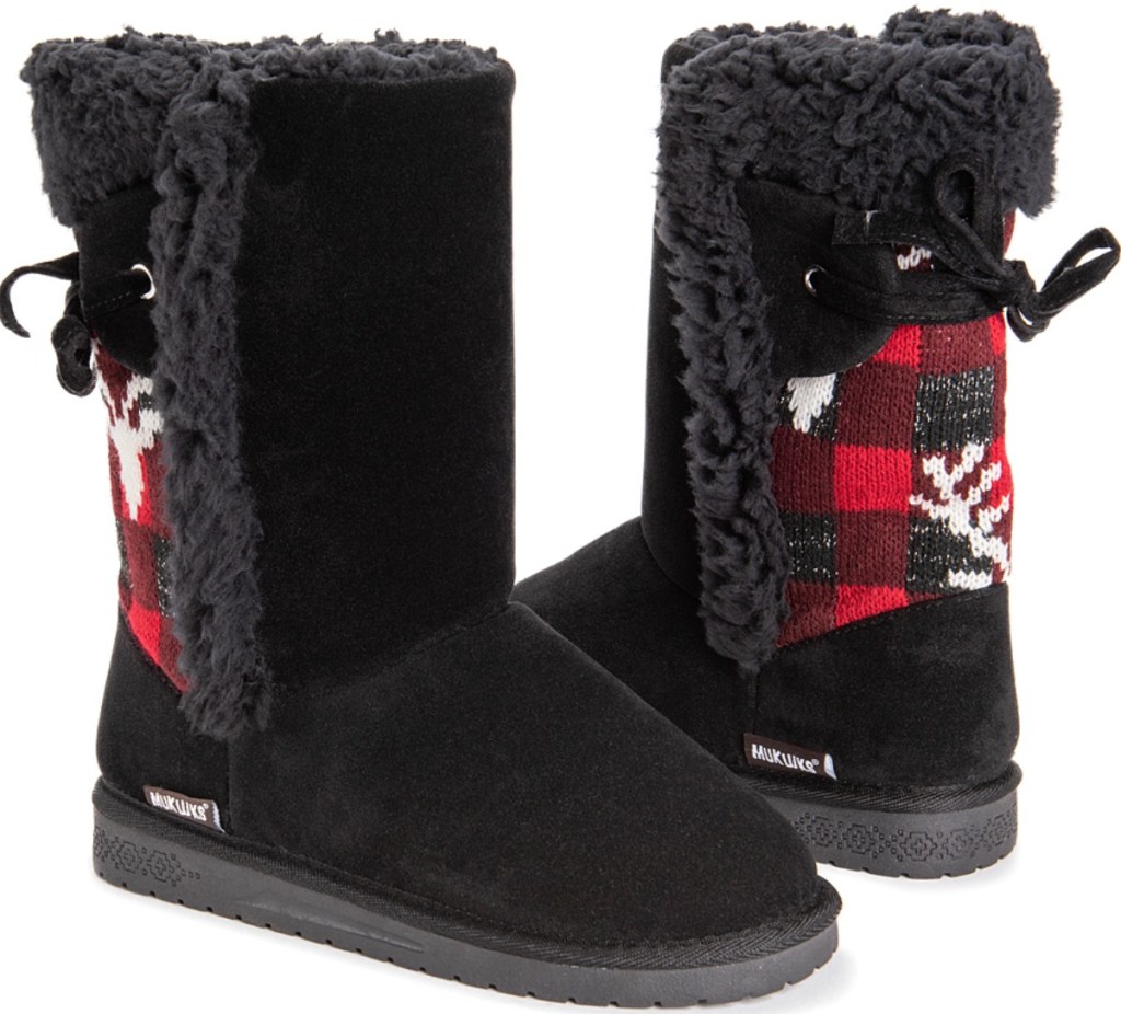 Muk Luks Cozy Boots in black and red print