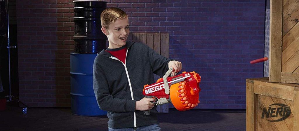 boy playing with NERF Megalodon N-Strike Mega Toy