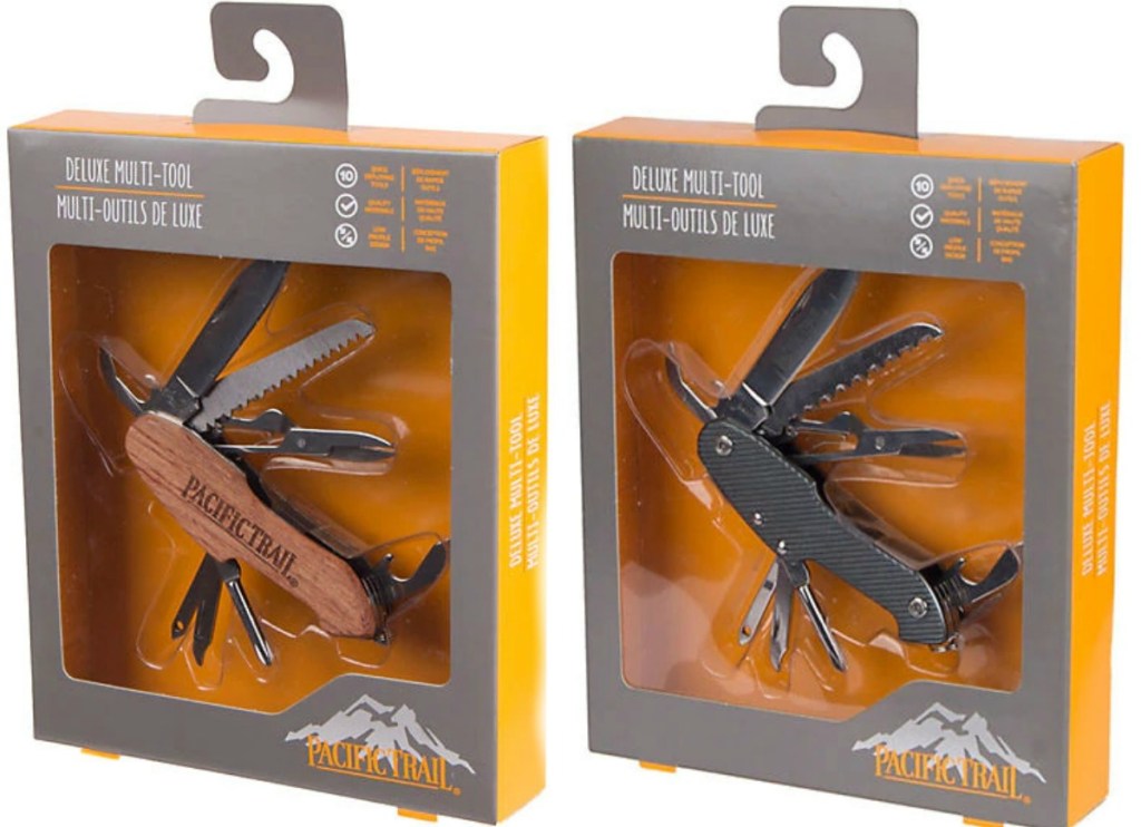 Pacific Trail Multi Tool in package in graphite color and wood grain