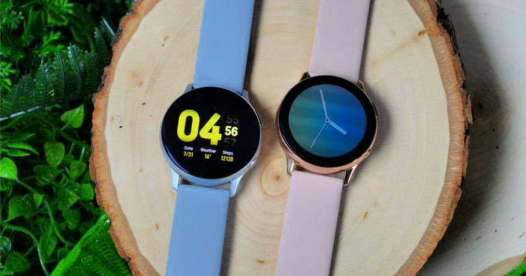 Samsung Galaxy Watch Active 2 smartwatches on tree trunk