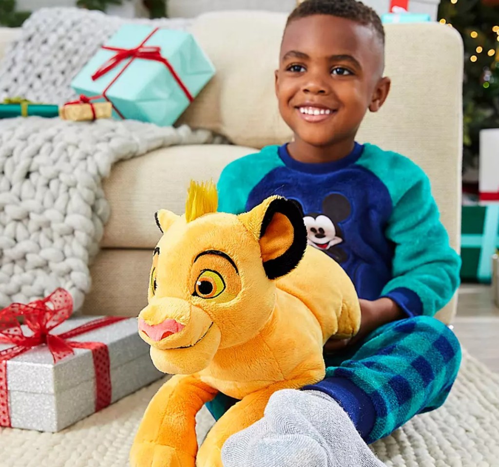 little boy holding Simba plush lion