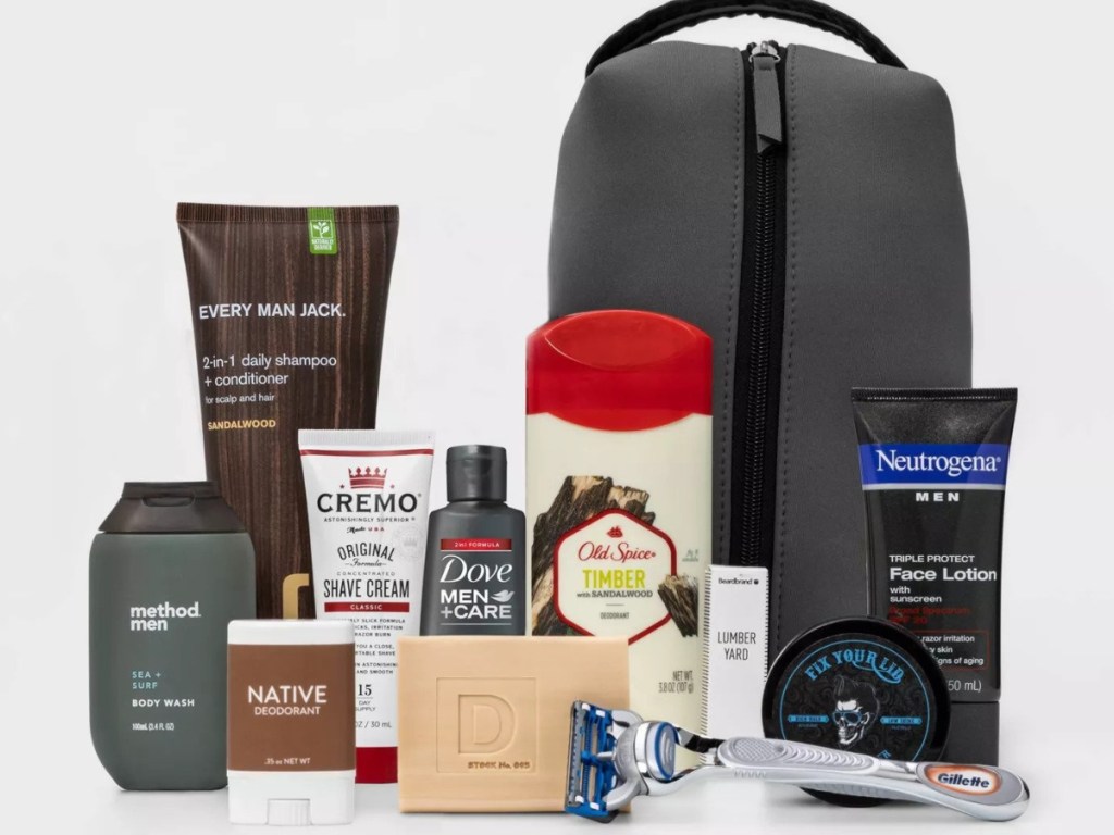 Target Mens Grooming Kit with bag and various sample size products