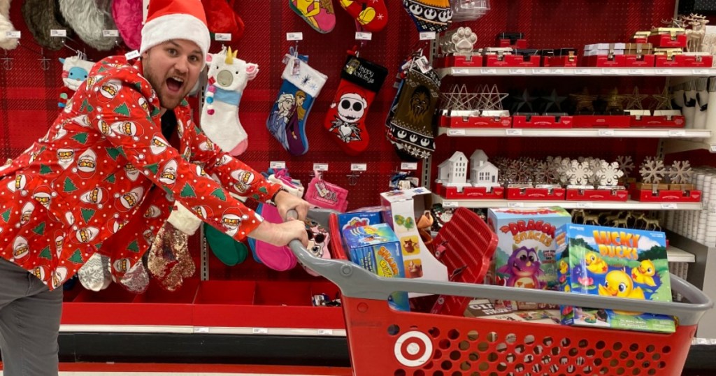 Steton pushing cart full of Target Toys