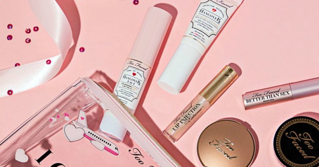 Too faced Travel Size Items on pink backdrop