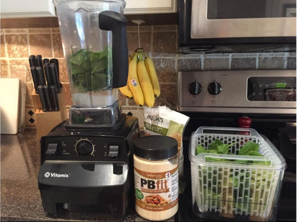 Vitamix 5200 Professional Grade Blender w/ 64 oz Container in kitchen with pbfit, bananas, spinach