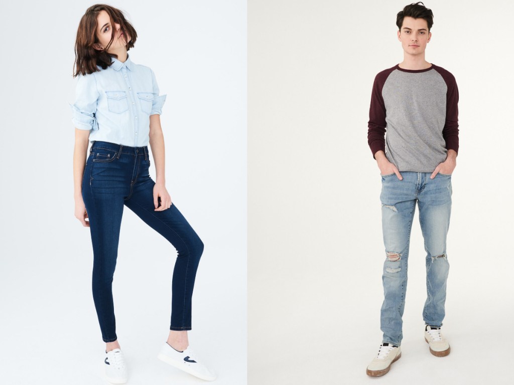 woman and man modeling aero jeans