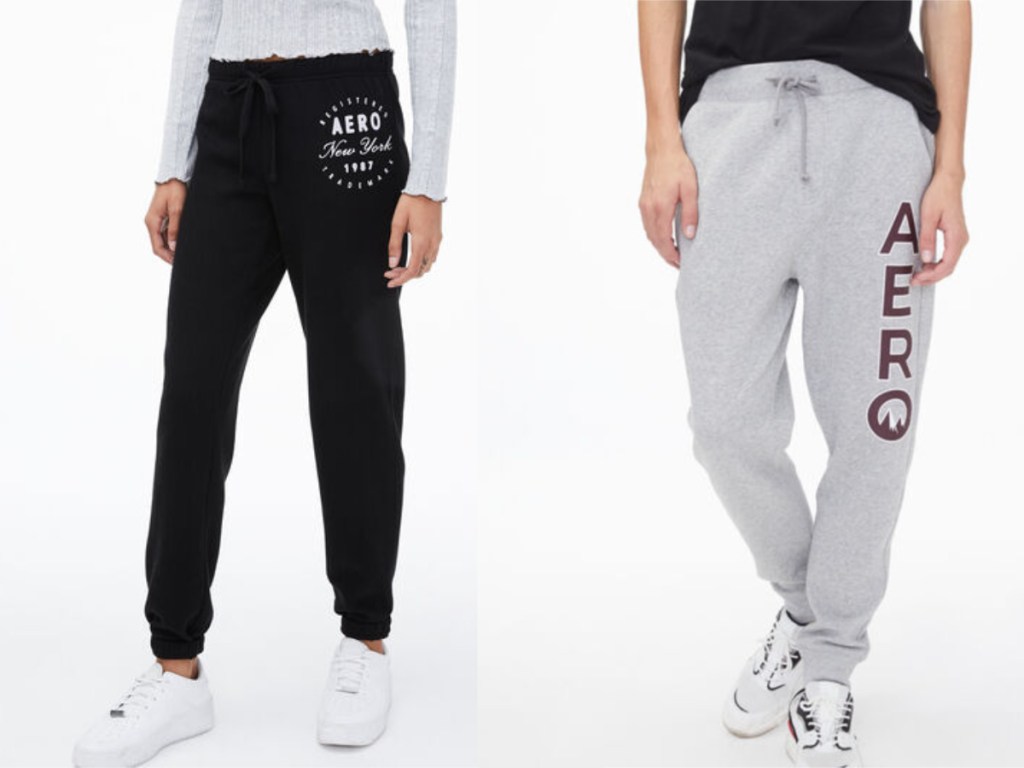 woman and man modeling aero joggers