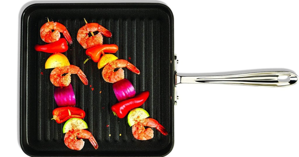 grill with shrim and veggie skewers