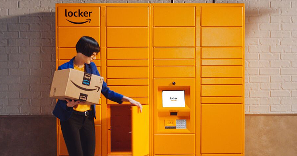 woman getting package from Amazon Locker