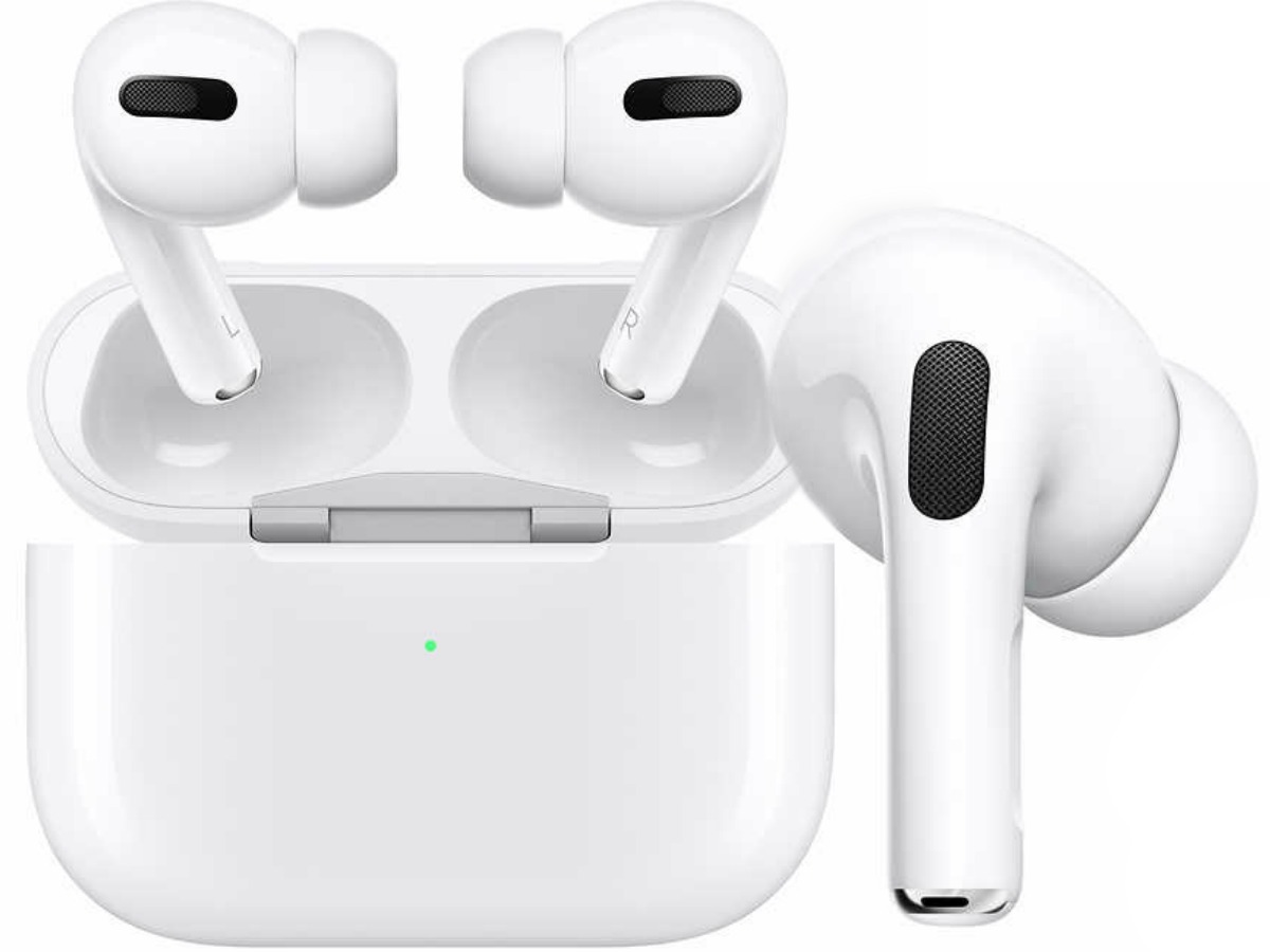 white pair of Apple AirPods in case