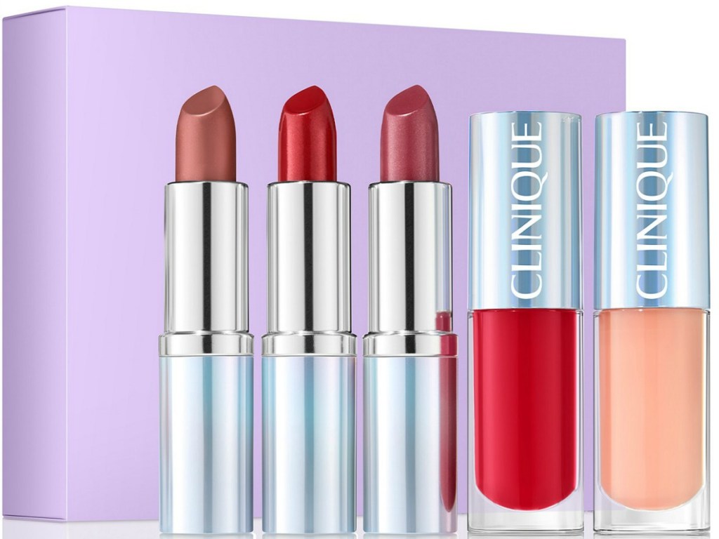 purple box next to clinique tubes of lipstick