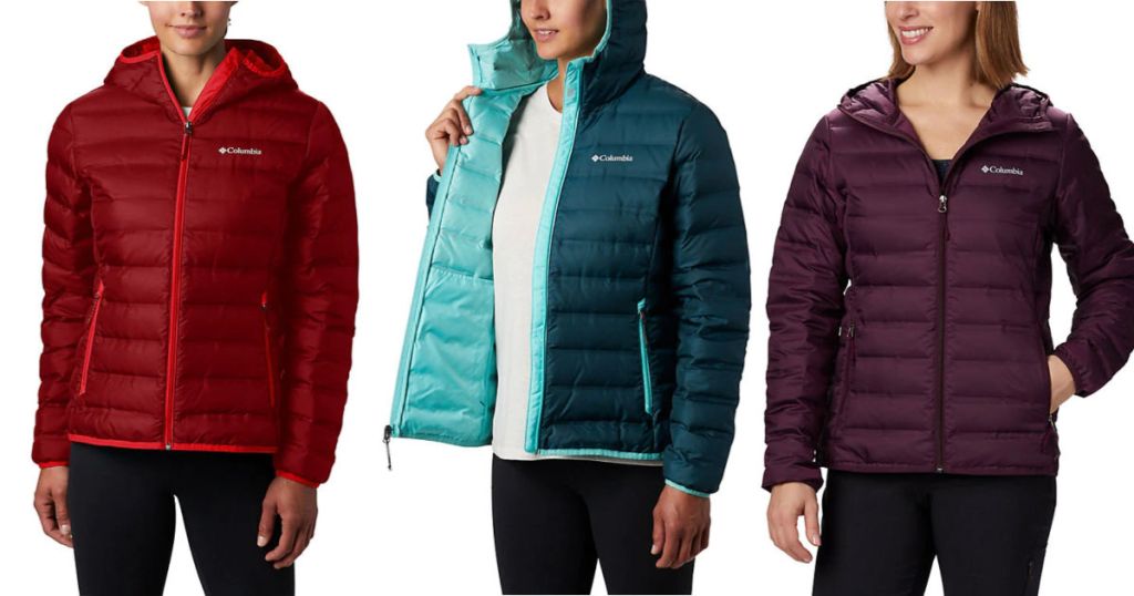 women wearing red, blue, and plum columbia Women's Lake 22 Down Hooded Jacket