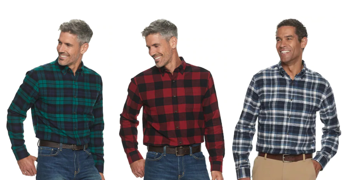 3 men wearing Croft & Barrow extra soft flannel shirts