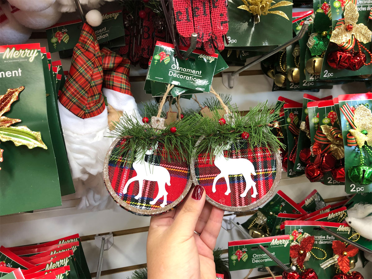 Christmas ornaments with reindeer and plaid backgrounds