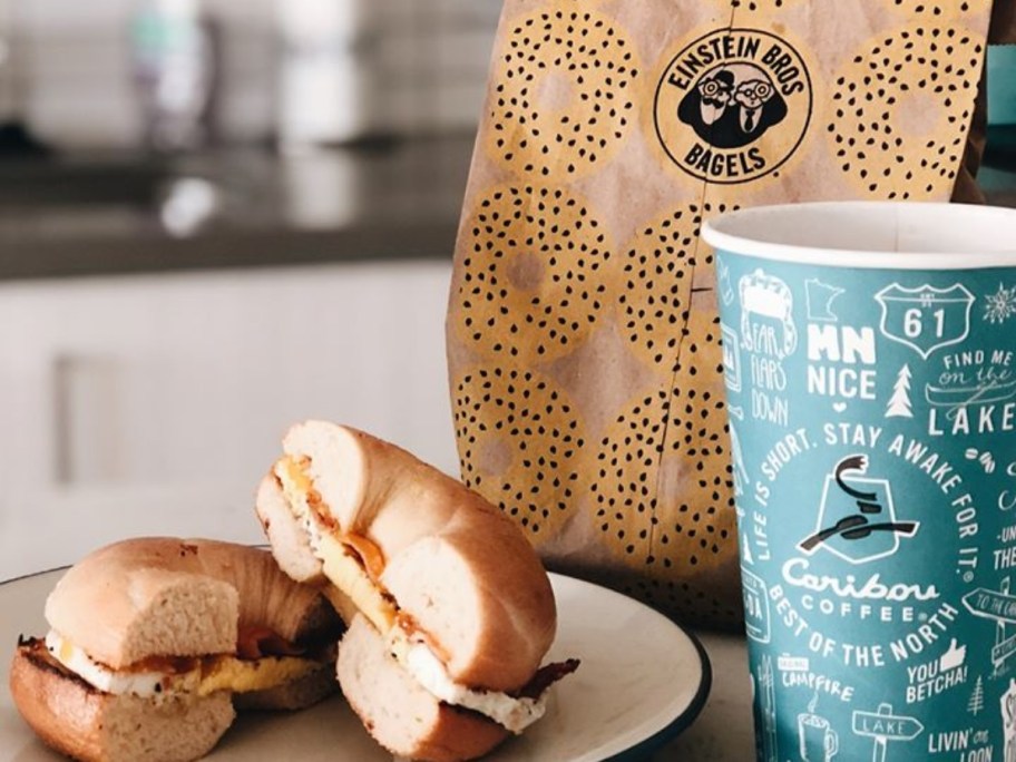 bagel sandwich and coffee from Einstein Bros.