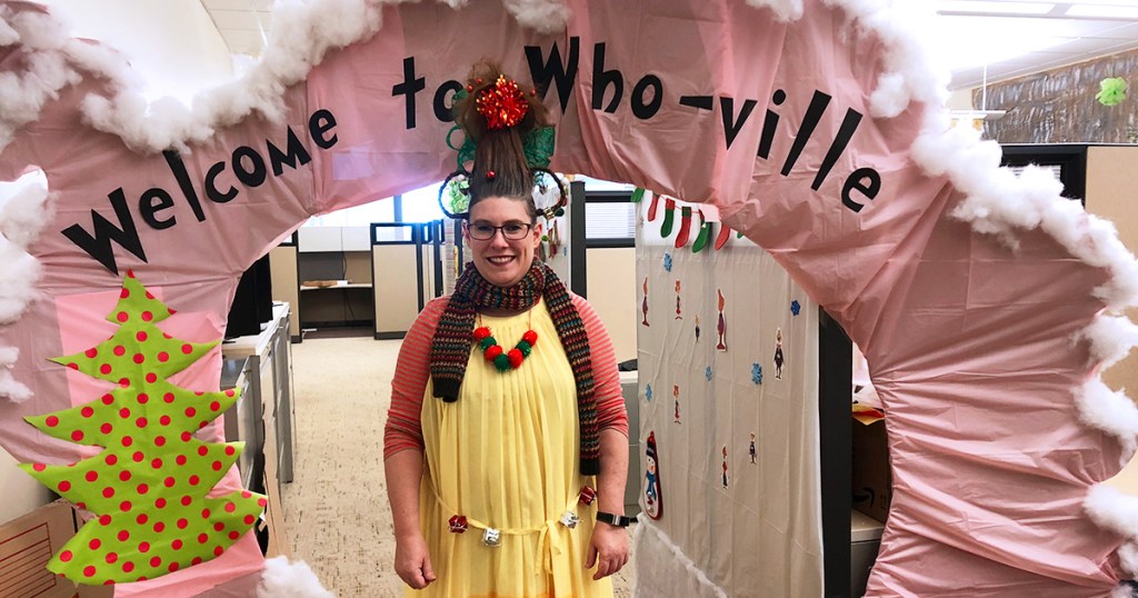 Office decorated with Whoville theme with reader as Cindy Lou Who