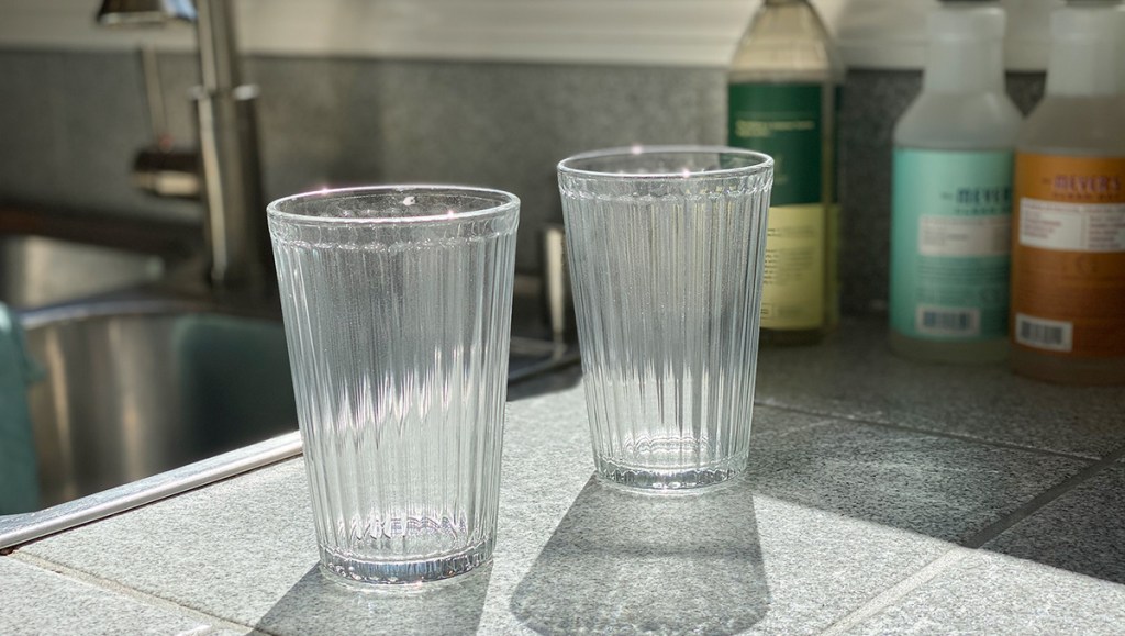 IKEA drinking glasses on counter near sink