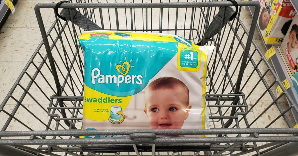 jumbo pack diapers in shopping cart in a store