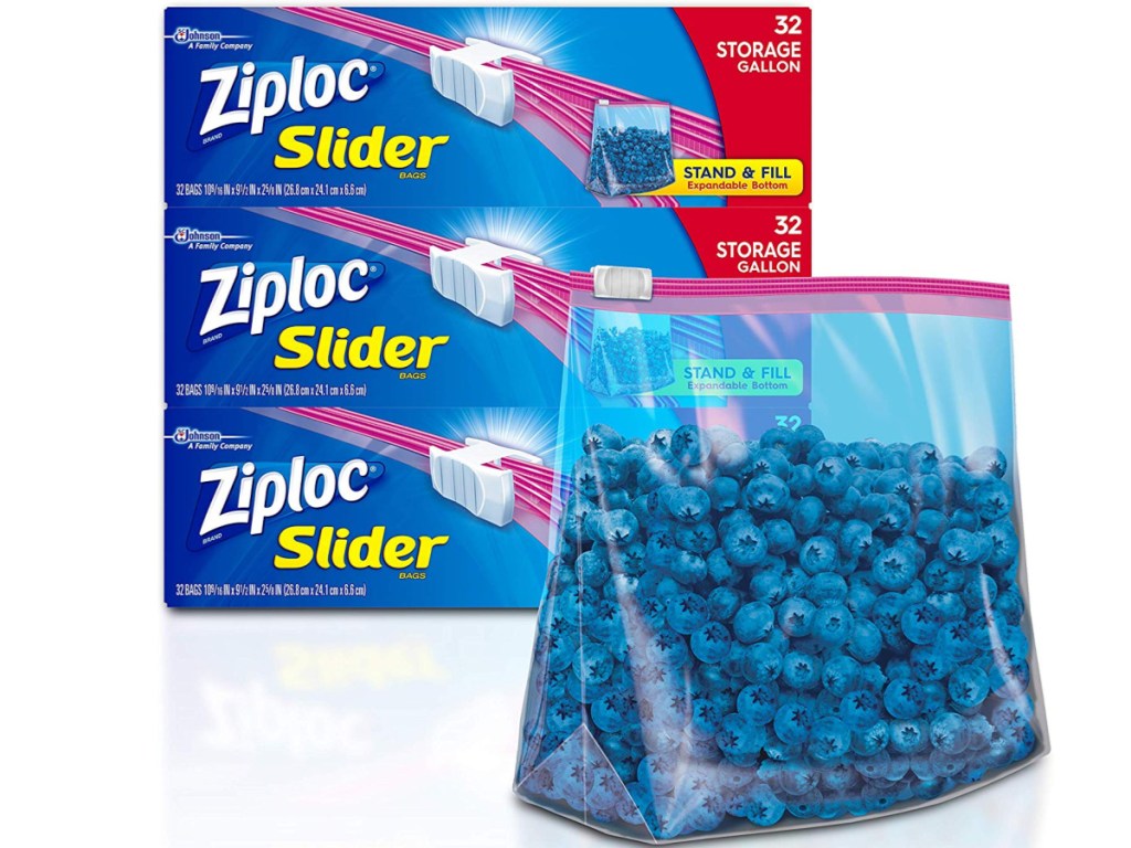 ziploc slider bags 3-count boxes and blueberries in a bag