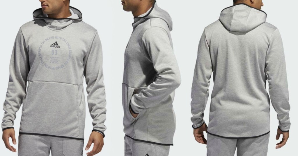 Man wearing an Adidas Men's hoodie at three angles