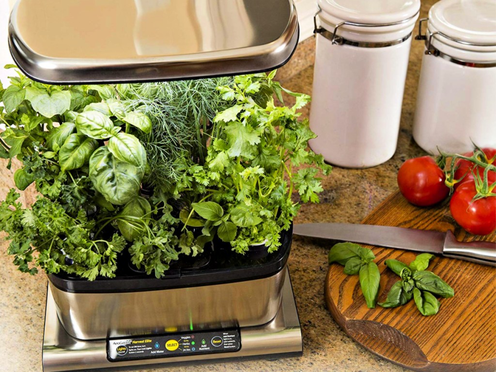 AeroGarden Harvest Elite on counter next to cutting board with knife and tomatos