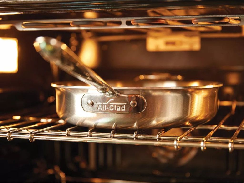 All-Clad D5 Stainless Brushed frying pan in oven