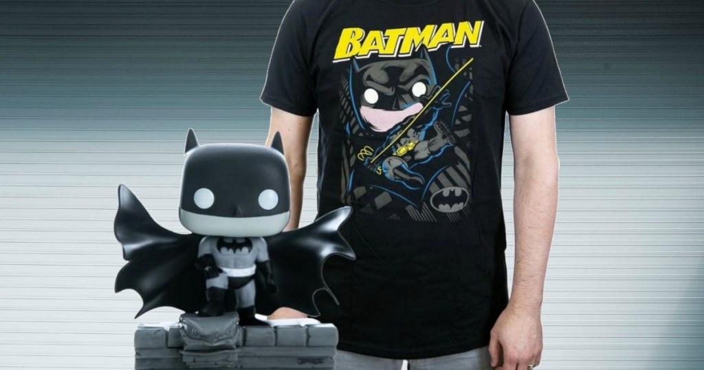 Batman vinyl figure and man wearing a matching tee shirt