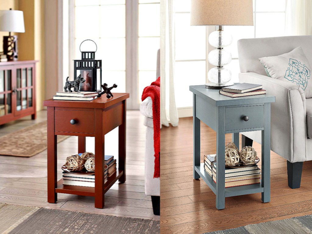 Bring style and functionality to a room with the Better Homes & Gardens Oxford Square End Table with handy storage drawer. It is made of solid wood with an attractive finish and antique bronze hardware that is sure to onlineplement most any interior decor or furniture style from classic and traditional to modern and contemporary and everything in between. The versatile design allows you to use it in multiple ways; as an end table, accent table, nightstand, printer table or plant stand, and it can be used in virtually any room in your home, from the living room or family room, game room, study or home office and beyond. It has a lower shelf that is suitable for keeping magazines, books or collectibles and a single drawer that's ideal for concealing a TV remote, car keys and other personal items. Additionally, the top surface gives you enough space for a lamp or plant. It is easy to assemble, so you can begin enjoying it almost immediately. Coordinates with other pieces in the Better Homes & Gardens Oxford Square Collection.