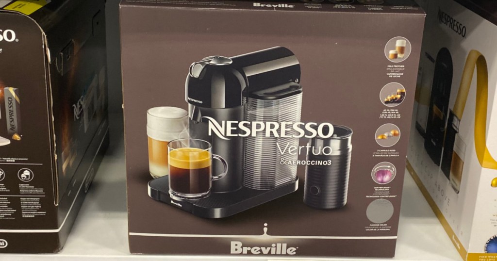 Nespresso Vertuo Coffee and Espresso Maker by Breville with Aeroccino on store shelf