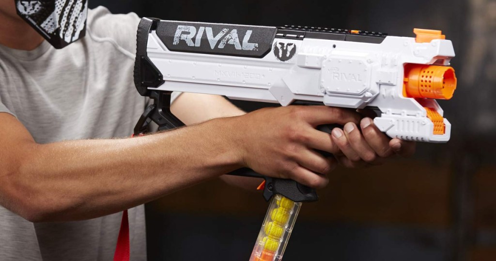 Man's hands holding Nerf Phantom Rival NERF gun 