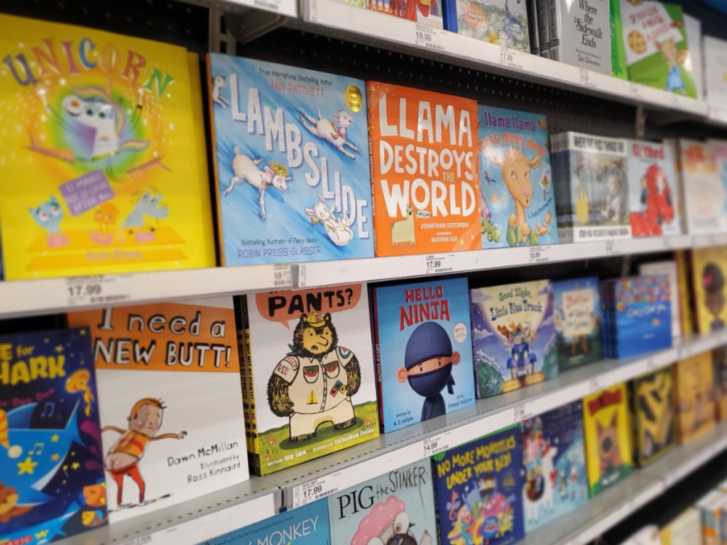 Kids books lined up on Target shelf