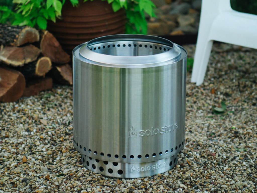 Solo Stover Stainless Steel/Silver Wood-Burning Fire Pit sitting on ground