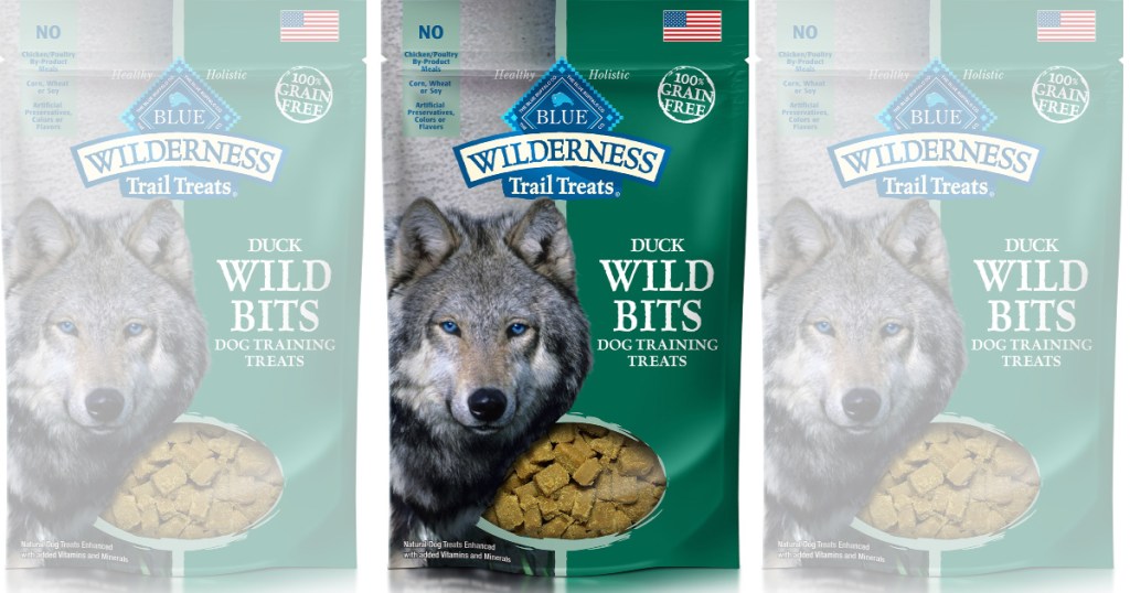 three bags of blue buffalo wild bits duck treats