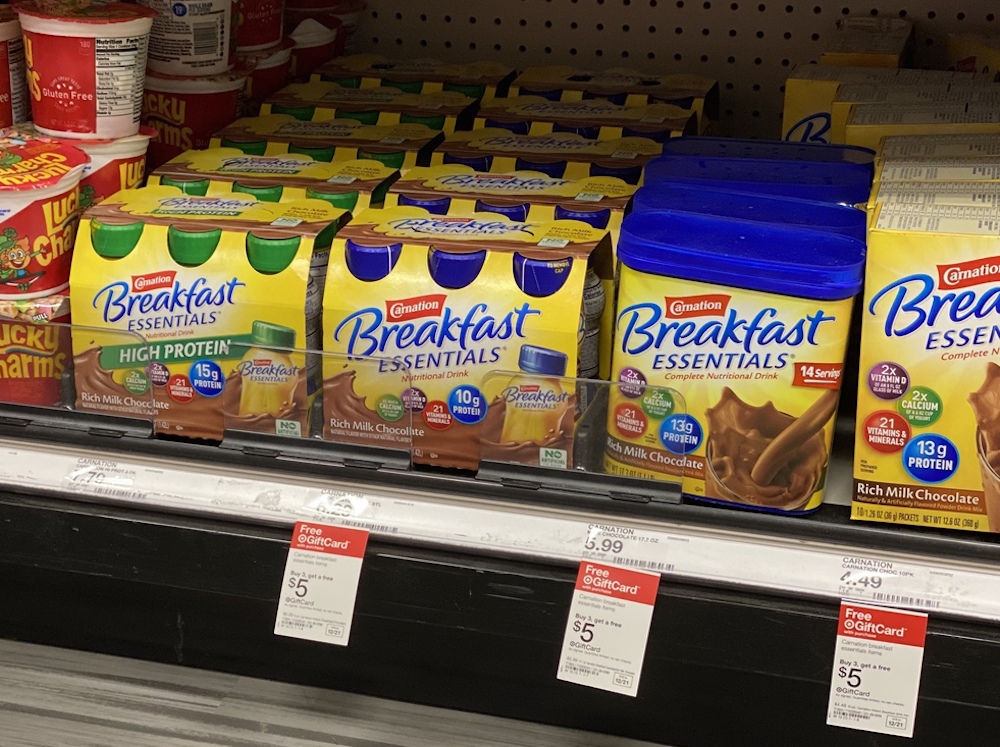 Carnation Breakfast Essentials Ready-To-Drink bottles on shelf at Target