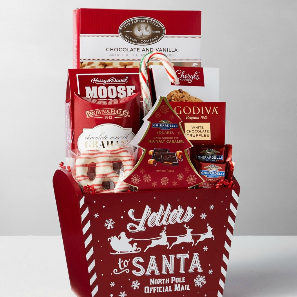 decorative holiday gift basket full of treats