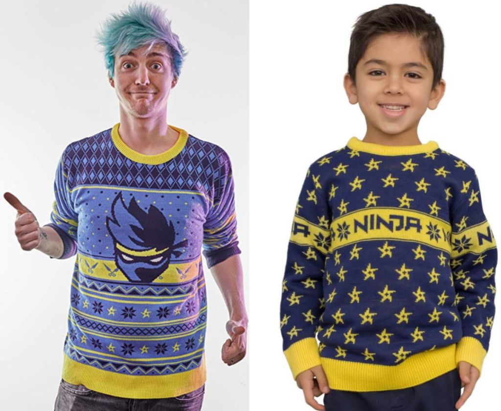 ninja wearing ninja sweater and young boy wearing navy ninja sweater