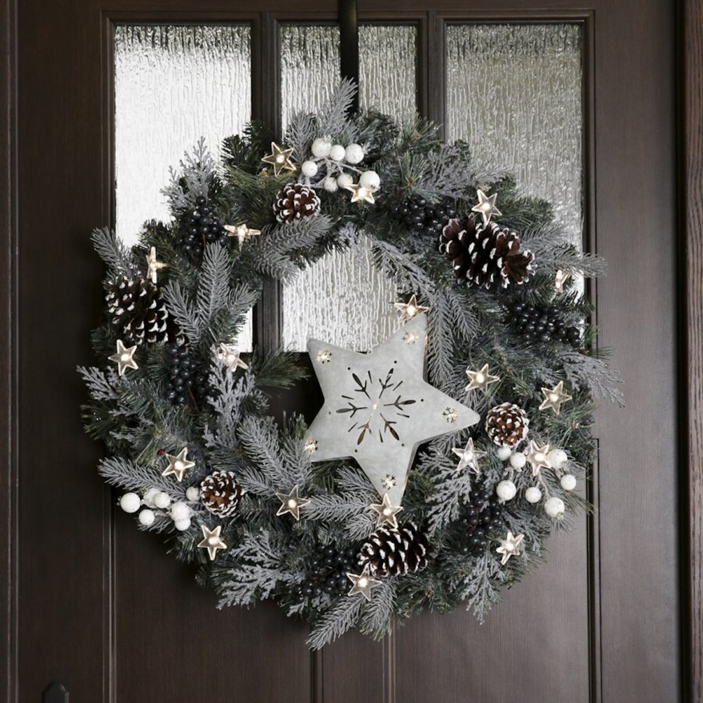 Holiday Living Pre-lit Christmas Wreath w: White Warm LED Lights on door